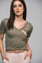 7130562 Stork Embroidered V-Neck Boyfriend Short Sleeve Blouse Khaki