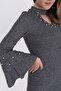 9361013 Jacquard Windowed Sleeve Flounce Pearl Dress Gray-Black Jacquard - 6