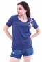 7130562 Stork Embroidered V-Neck Boyfriend Short Sleeve Blouse Indigo - 2