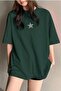 Women's Green Oversize Silver Silvery Star Printed Trend Loose Fit Tshirt - 2