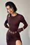 Women's Stretchy Sandy Fabric Back Drawstring and Low-Cut Lace-Up Hand-Held Midi Brown Dress 328 - 4