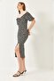Women's Black Carmen Collar Slit Summer Knitted Dress 70292 60271034 - 5