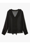 Polka Dot Semi Sheer Ruffle Detail Long Sleeve Button V Neck Chiffon Shirt - 4