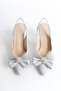 Women's Stiletto Open Back Bow Detailed Heeled Casual Shoes Mesh Silver - 7