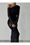 Women's Black Polka Dot Detail Sheer Tulle Sleeved Lined Off-Shoulder Draped Midi Evening Dress - 4