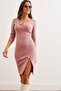 Women's Dusty Rose Button Detailed Slit Raster Stretchy Dress Elb- 19002307