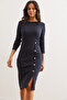 Women's Navy Blue Button Detail Slit Midi Stretchy Dress Elb- 19002256 - 5
