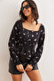 Women's Black Square Neck Viscose Blouse with Guiped Waist Blz- 19002820 - 3