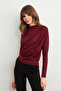 Women's Burgundy Patterned Drawstring Blouse Lpp1299 - 3