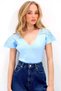 Baby Blue Front and Back V-Neck Openwork Shoulder Knitwear Blouse Alc-X13381 - 3