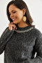 Women's Anthracite Necklace Detailed Soft Textured Raster Pullover Kzk- 19000958 - 3