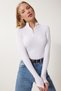 Women's White Zipper Collar Knitted Blouse GT00045
