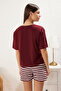 Bordo %100 Pamuklu Ayıcıklı Şortlu Örme Pijama Takımı THMSS24PT00039 - 5