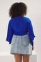 Plaj Giyim Indigo Crop Kolu Fırfırlı Volanlı Kruvaze Yaka Bluz TBBSS24AF00071 - 5