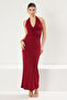 Bordo V Yaka Büzgü/Drape Detaylı Bodycone/Vücuda Oturan Esnek Maxi Örme Elbise TWOSS25EL00096