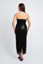 Women's Black Strapless Beaded Midi Evening Dress - 5