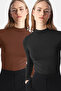 Women's Black Brown 2-Piece Stand Collar Long Sleeve Ultra Soft Body