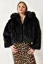 Women's Black Collared Faux Fur Lined Coat 38120 60251969 - 4