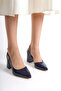Women's Navy Blue Patent Leather Asymmetrical Strappy Pointed Toe Thick Heeled Shoes - 8