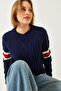 Women's Navy Blue V-Neck Patterned Knitwear Sweater 20246919 - 3