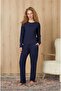 Women's Navy Blue Waffle Fabric Red Stitching Detail T-Shirt Pajama Set 4204