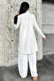 Ecru Asymmetrical Cut, Zippered Blouse & Wide Leg Pants - Viscose Two Yarn Fabric Top & Bottom Set - 8