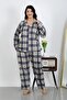 Women's Large Size Cotton Pocket Buttoned Navy Blue Pajama Suit 202504