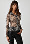 Caıtlın Women's Tulle Fabric Sheer Slim Fit Body Wrap Black Patterned Shirt - 2