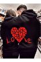 Lover Couple Combination Love Aşk Back Printed Hooded Oversize Casual Black Sweatshirt