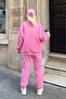 Women's Pink Crew Neck Sweatshirt Sweatpants Set - 4