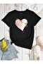Women's Black Love Heart Printed Oversize T-Shirt