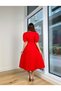Red Double-breasted Midi Dress with Stone Detail and Drap - 3