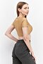 Women Round Neck Short Sleeve Plain Crop Top, Tan - 2
