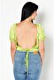 Women Scoop Neck Short Sleeve Cut Out Back Top, Lime Green - 2