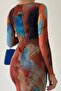 Women's Lined Tie-Dye Pattern Tulle Fabric Chest Cutout Midi Evening Dress 322 - 3