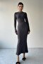 Women's Stretchy Sandy Fabric Long Sleeve Midi Smoked Basic Dress 323 - 8