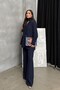 Women's Navy Blue Blazer Jacket Trousers Set with Wide-Leg Button Detail - 5