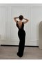 Rochie cu guler drapat, spate gol, negru