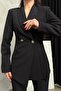Women's Black Blazer Jacket Pants Suit Pleated Button Detail Straight Leg - 7