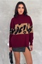 Women's Burgundy Standard Size Leopard Print Turtleneck Knitwear Sweater - 4