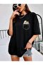 Women's Black Pocket Floral Printed Trend Oversize Tshirt - 3
