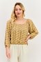 Women Boat Neck 3/4 Sleeve Allover Print Top, Peach