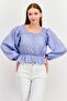 Women Square Neck Puff Sleeve Shirred Blouse, Blue
