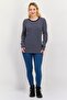 Women Ruffle Neck Long Sleeve Striped Top, Navy - 2