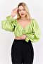 Women Queen Anne Balloon Sleeves Plain Crop Top, Lime