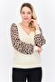 Women V Neck Animal Print Long Sleeves Top, Beige Combo