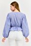 Women Square Neck Puff Sleeve Shirred Blouse, Blue - 3