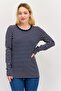Women Ruffle Neck Long Sleeve Striped Top, Navy