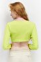 Women Keyhole Neckline Long Sleeves Textured Crop Top, Lime - 3