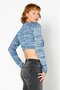 Women Knitted Long Sleeved Lacing Top, Blue Melange - 4